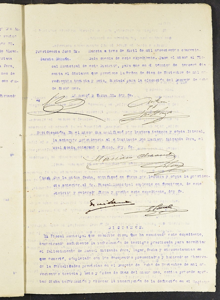 Expediente nº 37/1940 del Juzgado de Primera Instancia de Murcia para la inscripción en el Registro Civil por la defunción en el frente de Manuel Abizanda Vera.